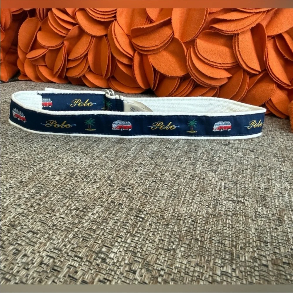 Polo Ralph Lauren nautical-themed D-ring woven cotton belt van & palm tree motif